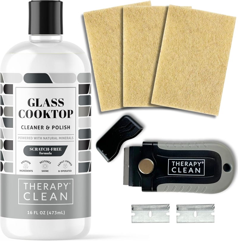 therapy Glass Cooktop Cleaner Kit - 16oz with Scraper & 3 Non-Scratch Pads - For Electric, Induction, Ceramic & Gas Stove Top - Heavy Duty Flat Top Stove Cleaner & Polish - Image 1
